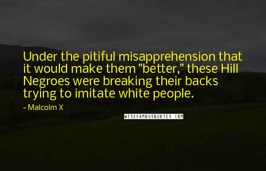 Malcolm X Quotes: Under the pitiful misapprehension that it would make them "better," these Hill Negroes were breaking their backs trying to imitate white people.