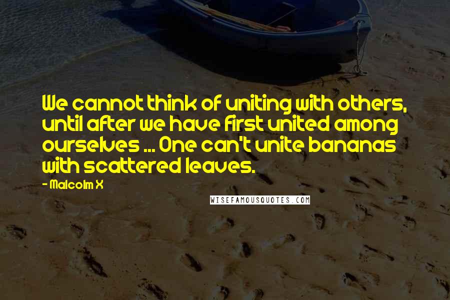 Malcolm X Quotes: We cannot think of uniting with others, until after we have first united among ourselves ... One can't unite bananas with scattered leaves.