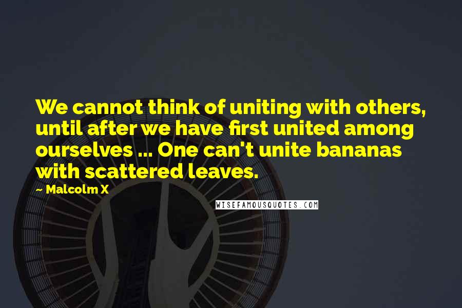 Malcolm X Quotes: We cannot think of uniting with others, until after we have first united among ourselves ... One can't unite bananas with scattered leaves.