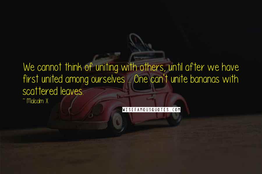 Malcolm X Quotes: We cannot think of uniting with others, until after we have first united among ourselves ... One can't unite bananas with scattered leaves.