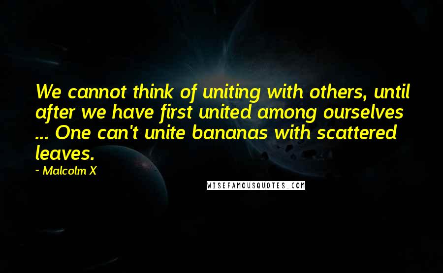 Malcolm X Quotes: We cannot think of uniting with others, until after we have first united among ourselves ... One can't unite bananas with scattered leaves.