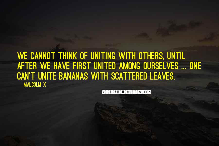 Malcolm X Quotes: We cannot think of uniting with others, until after we have first united among ourselves ... One can't unite bananas with scattered leaves.