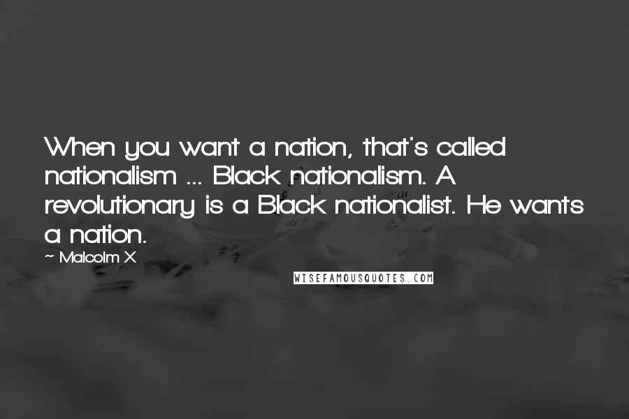 Malcolm X Quotes: When you want a nation, that's called nationalism ... Black nationalism. A revolutionary is a Black nationalist. He wants a nation.