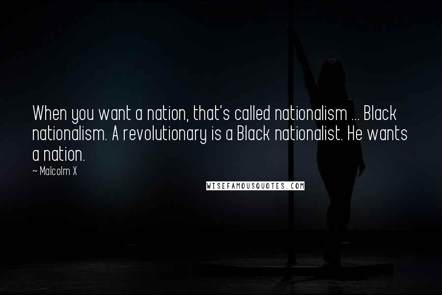 Malcolm X Quotes: When you want a nation, that's called nationalism ... Black nationalism. A revolutionary is a Black nationalist. He wants a nation.