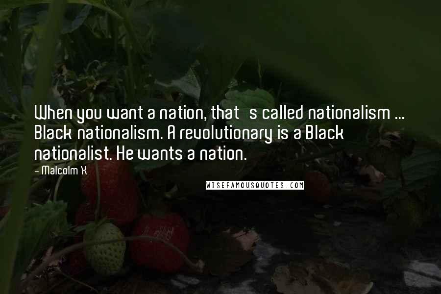Malcolm X Quotes: When you want a nation, that's called nationalism ... Black nationalism. A revolutionary is a Black nationalist. He wants a nation.