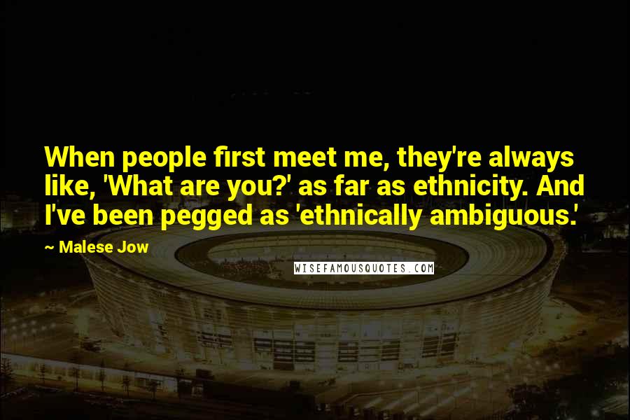 Malese Jow Quotes: When people first meet me, they're always like, 'What are you?' as far as ethnicity. And I've been pegged as 'ethnically ambiguous.'