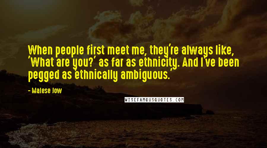 Malese Jow Quotes: When people first meet me, they're always like, 'What are you?' as far as ethnicity. And I've been pegged as 'ethnically ambiguous.'