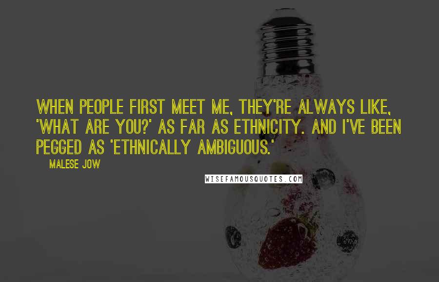 Malese Jow Quotes: When people first meet me, they're always like, 'What are you?' as far as ethnicity. And I've been pegged as 'ethnically ambiguous.'
