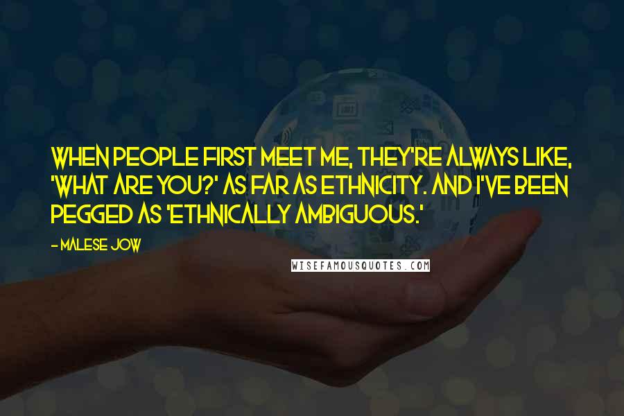 Malese Jow Quotes: When people first meet me, they're always like, 'What are you?' as far as ethnicity. And I've been pegged as 'ethnically ambiguous.'
