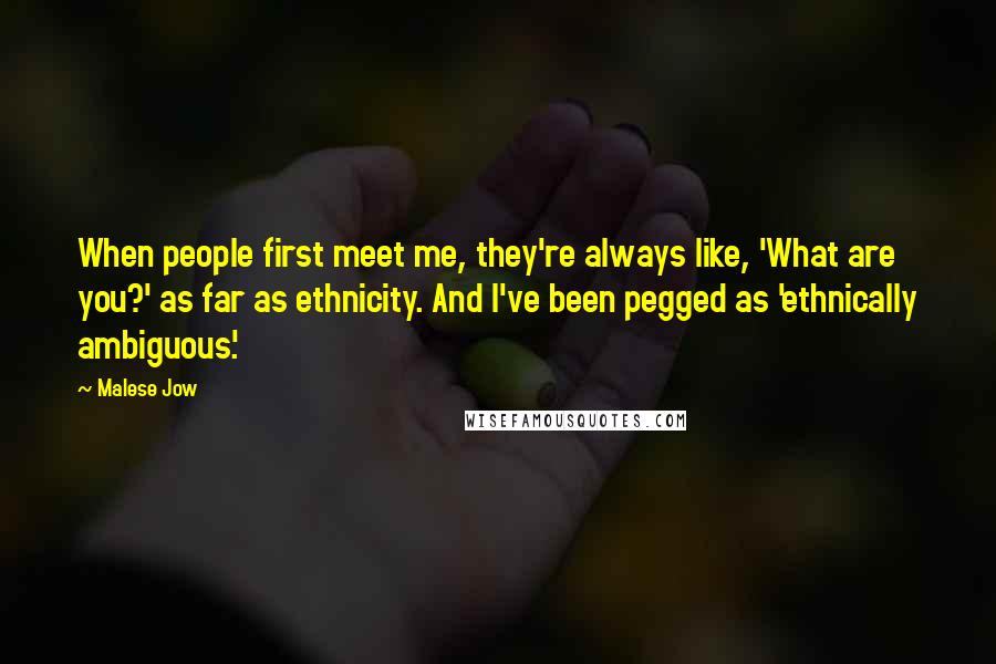 Malese Jow Quotes: When people first meet me, they're always like, 'What are you?' as far as ethnicity. And I've been pegged as 'ethnically ambiguous.'
