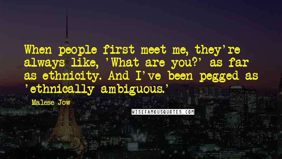 Malese Jow Quotes: When people first meet me, they're always like, 'What are you?' as far as ethnicity. And I've been pegged as 'ethnically ambiguous.'