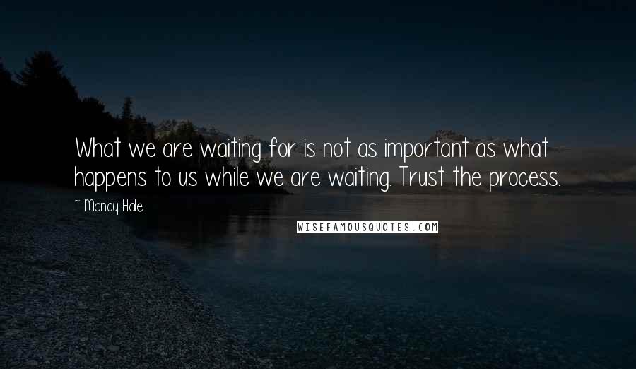 Mandy Hale Quotes: What we are waiting for is not as important as what happens to us while we are waiting. Trust the process.