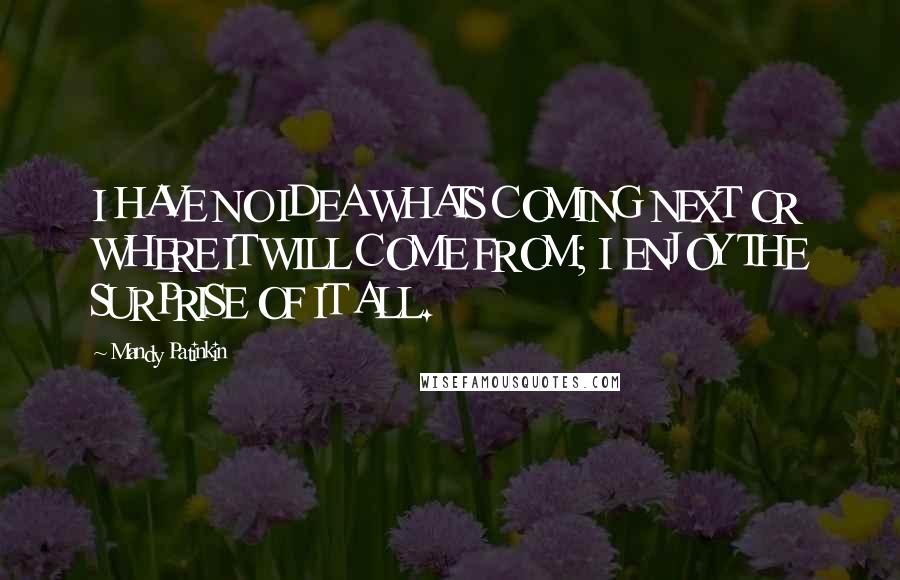 Mandy Patinkin Quotes: I HAVE NO IDEA WHATS COMING NEXT OR WHERE IT WILL COME FROM; I ENJOY THE SURPRISE OF IT ALL.