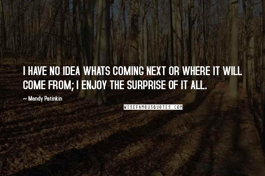 Mandy Patinkin Quotes: I HAVE NO IDEA WHATS COMING NEXT OR WHERE IT WILL COME FROM; I ENJOY THE SURPRISE OF IT ALL.