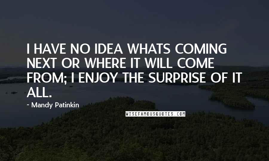 Mandy Patinkin Quotes: I HAVE NO IDEA WHATS COMING NEXT OR WHERE IT WILL COME FROM; I ENJOY THE SURPRISE OF IT ALL.