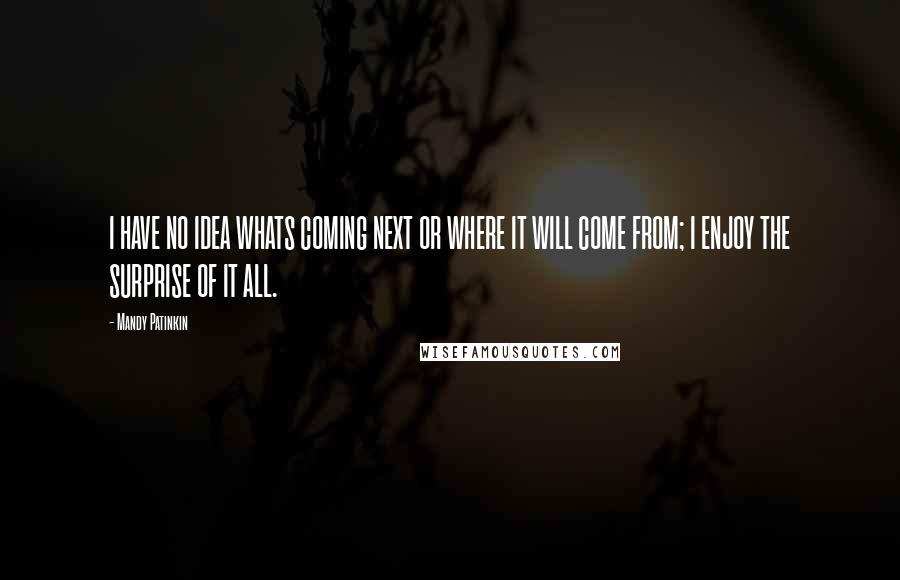 Mandy Patinkin Quotes: I HAVE NO IDEA WHATS COMING NEXT OR WHERE IT WILL COME FROM; I ENJOY THE SURPRISE OF IT ALL.