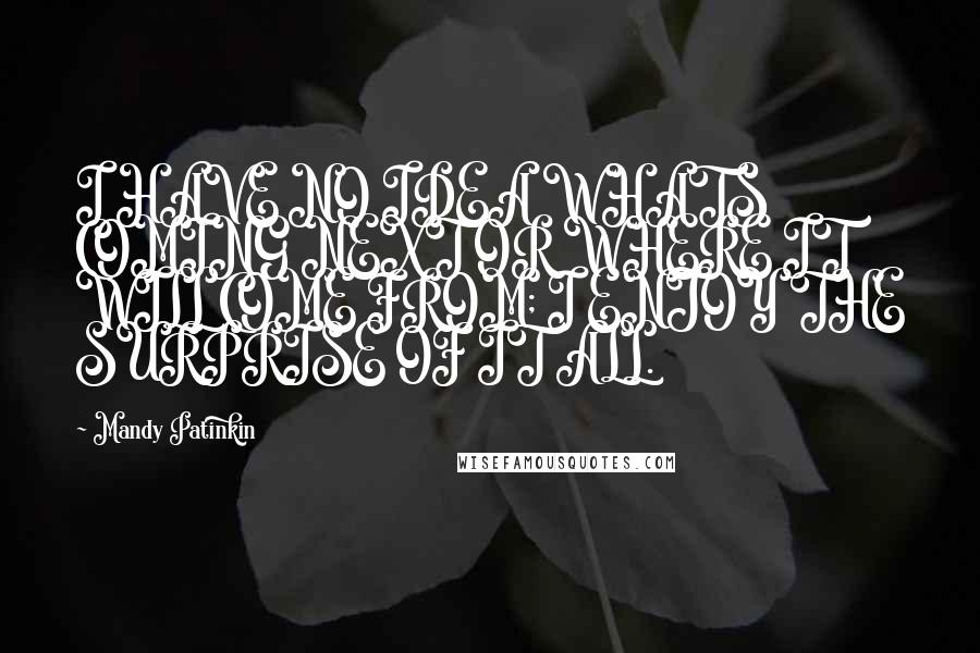 Mandy Patinkin Quotes: I HAVE NO IDEA WHATS COMING NEXT OR WHERE IT WILL COME FROM; I ENJOY THE SURPRISE OF IT ALL.