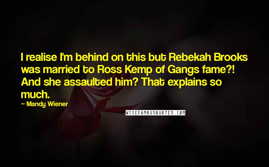 Mandy Wiener Quotes: I realise I'm behind on this but Rebekah Brooks was married to Ross Kemp of Gangs fame?! And she assaulted him? That explains so much.