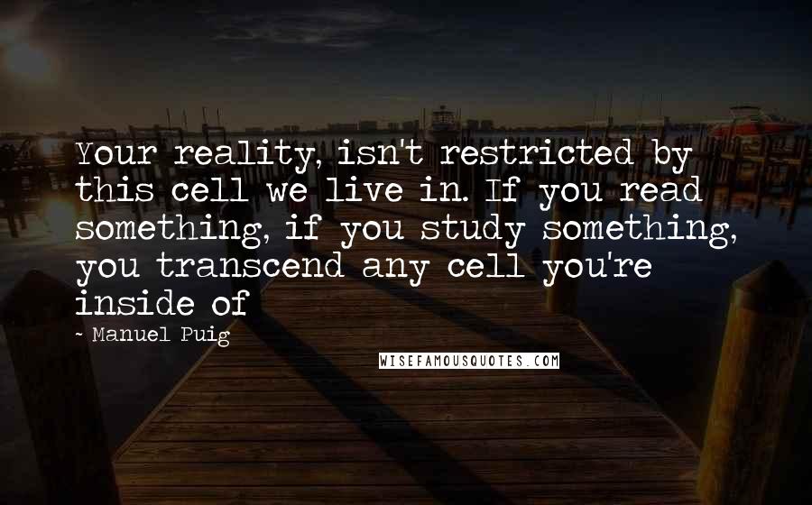 Manuel Puig Quotes: Your reality, isn't restricted by this cell we live in. If you read something, if you study something, you transcend any cell you're inside of