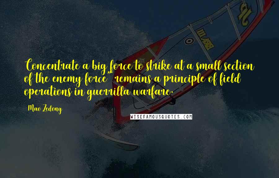 Mao Zedong Quotes: Concentrate a big force to strike at a small section of the enemy force" remains a principle of field operations in guerrilla warfare.