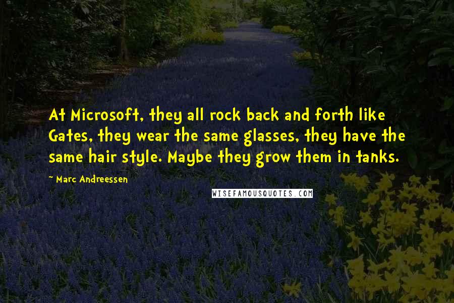 Marc Andreessen Quotes: At Microsoft, they all rock back and forth like Gates, they wear the same glasses, they have the same hair style. Maybe they grow them in tanks.