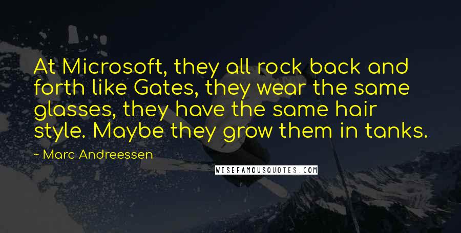 Marc Andreessen Quotes: At Microsoft, they all rock back and forth like Gates, they wear the same glasses, they have the same hair style. Maybe they grow them in tanks.