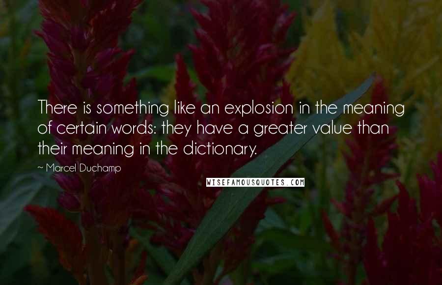Marcel Duchamp Quotes: There is something like an explosion in the meaning of certain words: they have a greater value than their meaning in the dictionary.