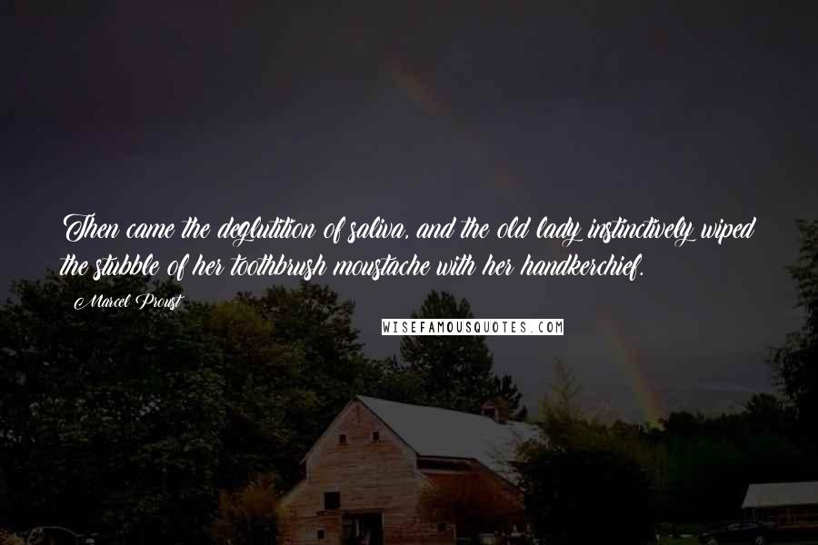 Marcel Proust Quotes: Then came the deglutition of saliva, and the old lady instinctively wiped the stubble of her toothbrush moustache with her handkerchief.