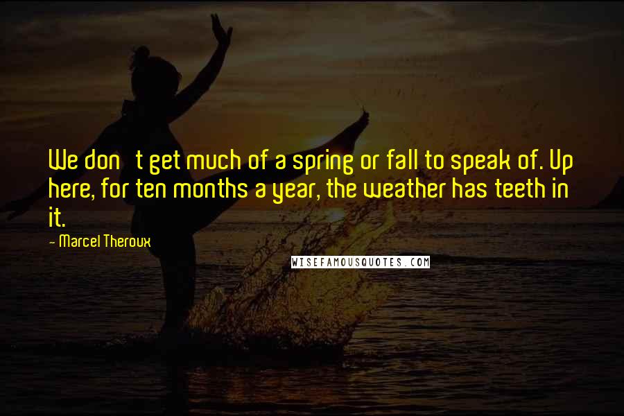 Marcel Theroux Quotes: We don't get much of a spring or fall to speak of. Up here, for ten months a year, the weather has teeth in it.