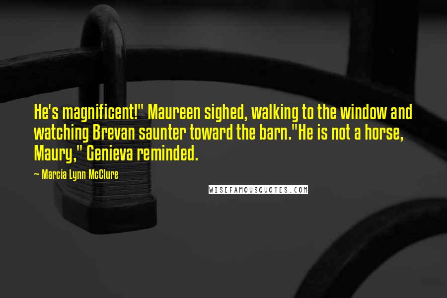 Marcia Lynn McClure Quotes: He's magnificent!" Maureen sighed, walking to the window and watching Brevan saunter toward the barn."He is not a horse, Maury," Genieva reminded.