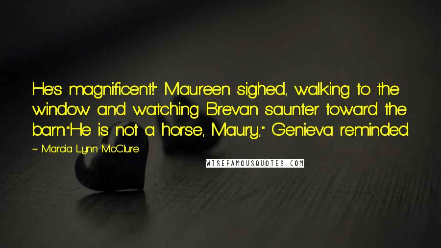 Marcia Lynn McClure Quotes: He's magnificent!" Maureen sighed, walking to the window and watching Brevan saunter toward the barn."He is not a horse, Maury," Genieva reminded.