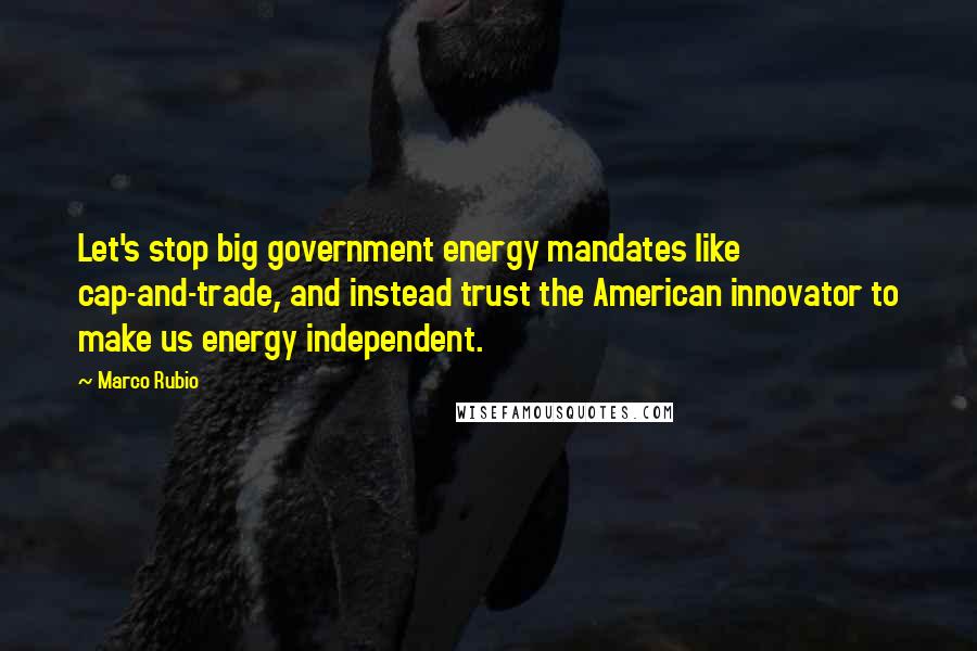 Marco Rubio Quotes: Let's stop big government energy mandates like cap-and-trade, and instead trust the American innovator to make us energy independent.
