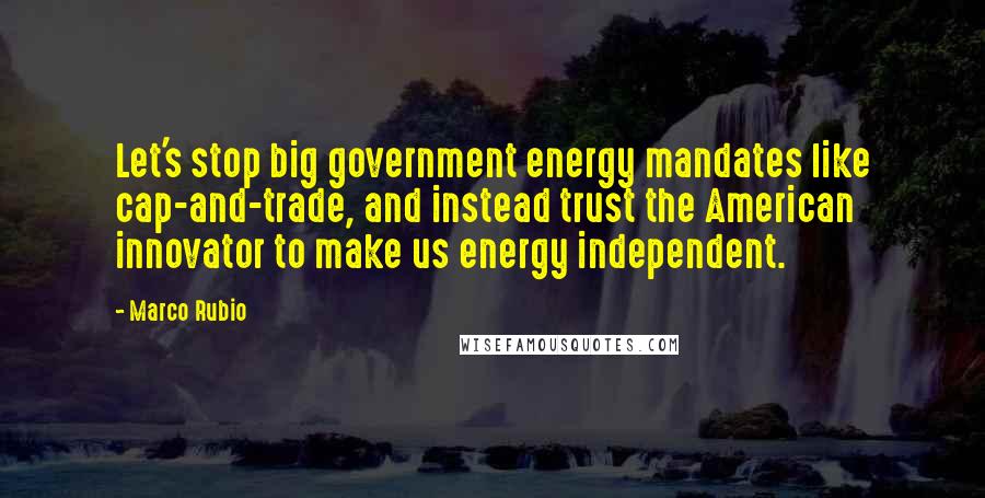 Marco Rubio Quotes: Let's stop big government energy mandates like cap-and-trade, and instead trust the American innovator to make us energy independent.