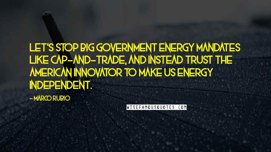 Marco Rubio Quotes: Let's stop big government energy mandates like cap-and-trade, and instead trust the American innovator to make us energy independent.