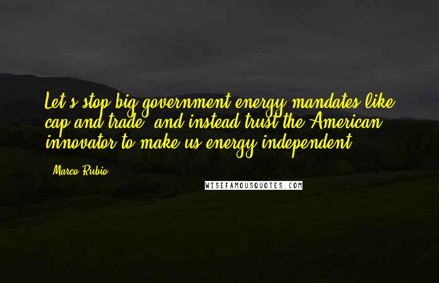 Marco Rubio Quotes: Let's stop big government energy mandates like cap-and-trade, and instead trust the American innovator to make us energy independent.