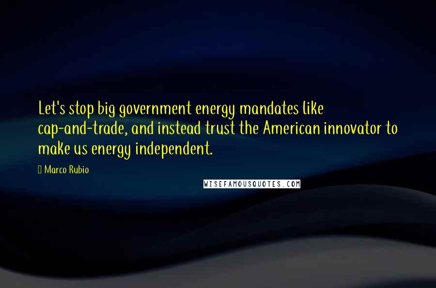 Marco Rubio Quotes: Let's stop big government energy mandates like cap-and-trade, and instead trust the American innovator to make us energy independent.