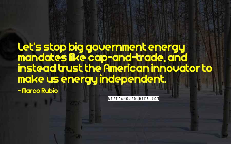 Marco Rubio Quotes: Let's stop big government energy mandates like cap-and-trade, and instead trust the American innovator to make us energy independent.