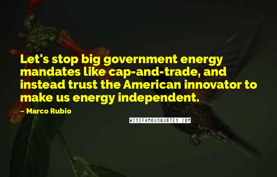Marco Rubio Quotes: Let's stop big government energy mandates like cap-and-trade, and instead trust the American innovator to make us energy independent.