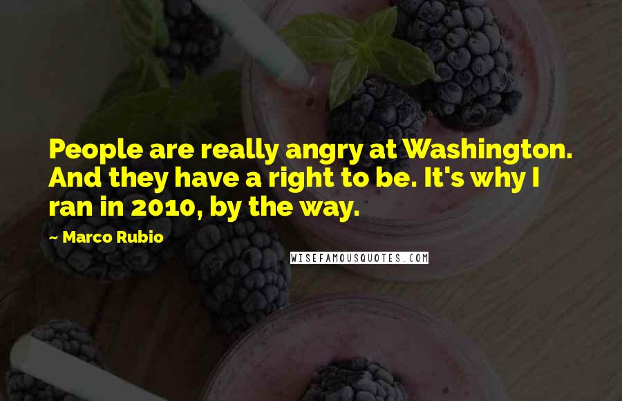 Marco Rubio Quotes: People are really angry at Washington. And they have a right to be. It's why I ran in 2010, by the way.