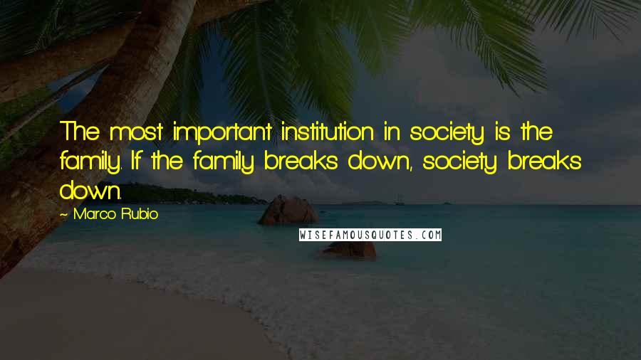 Marco Rubio Quotes: The most important institution in society is the family. If the family breaks down, society breaks down.