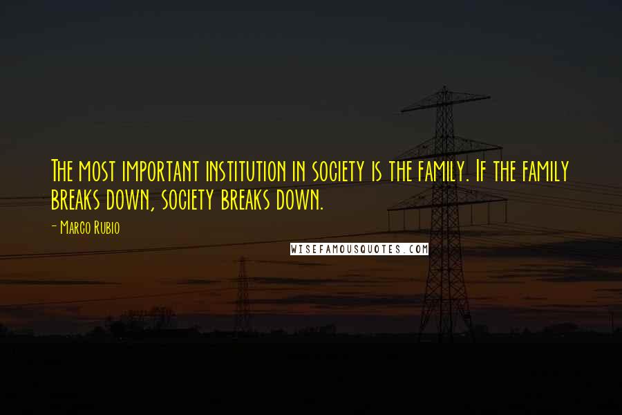 Marco Rubio Quotes: The most important institution in society is the family. If the family breaks down, society breaks down.