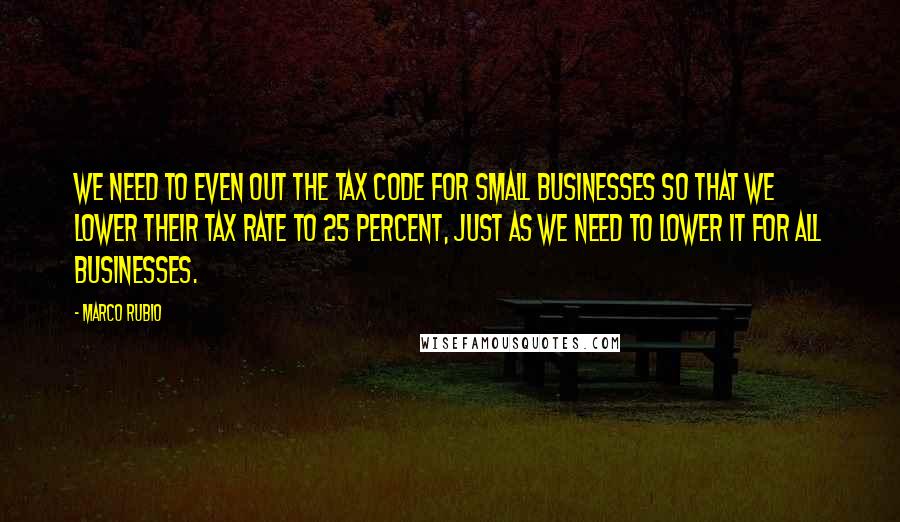 Marco Rubio Quotes: We need to even out the tax code for small businesses so that we lower their tax rate to 25 percent, just as we need to lower it for all businesses.