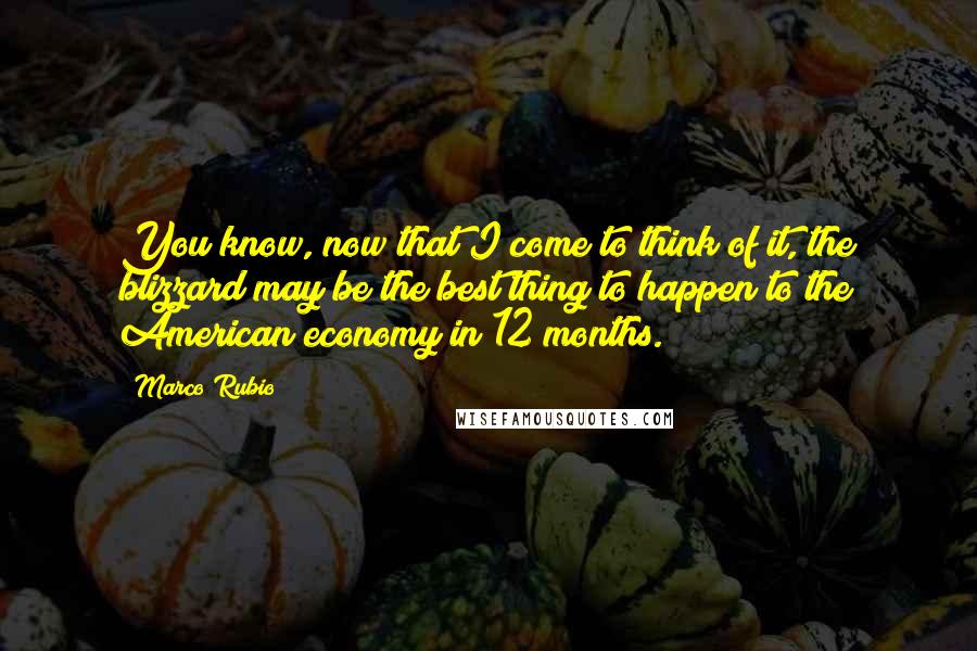 Marco Rubio Quotes: You know, now that I come to think of it, the blizzard may be the best thing to happen to the American economy in 12 months.