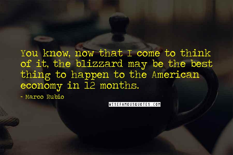 Marco Rubio Quotes: You know, now that I come to think of it, the blizzard may be the best thing to happen to the American economy in 12 months.