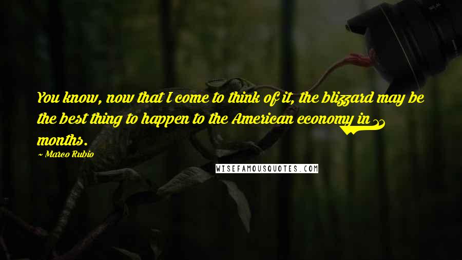 Marco Rubio Quotes: You know, now that I come to think of it, the blizzard may be the best thing to happen to the American economy in 12 months.