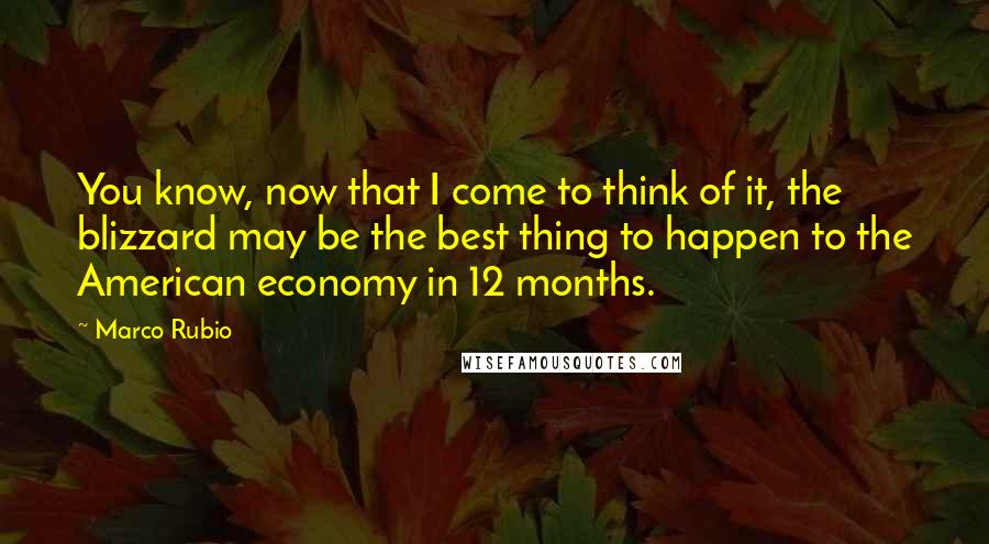 Marco Rubio Quotes: You know, now that I come to think of it, the blizzard may be the best thing to happen to the American economy in 12 months.