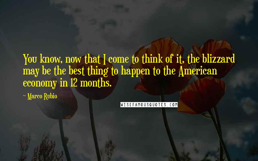 Marco Rubio Quotes: You know, now that I come to think of it, the blizzard may be the best thing to happen to the American economy in 12 months.