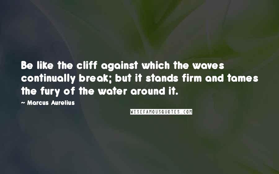 Marcus Aurelius Quotes: Be like the cliff against which the waves continually break; but it stands firm and tames the fury of the water around it.