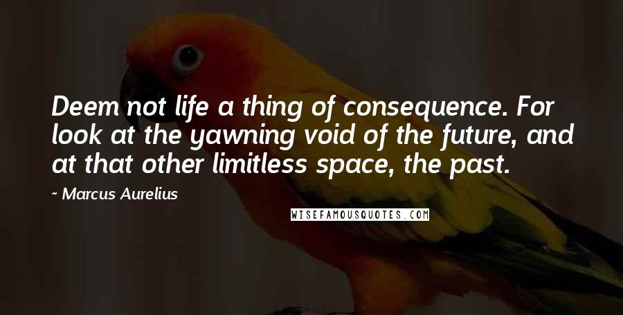 Marcus Aurelius Quotes: Deem not life a thing of consequence. For look at the yawning void of the future, and at that other limitless space, the past.