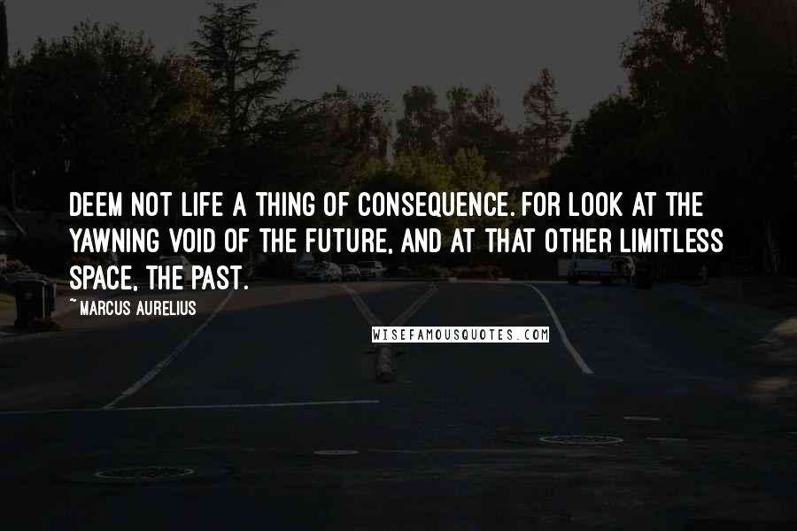 Marcus Aurelius Quotes: Deem not life a thing of consequence. For look at the yawning void of the future, and at that other limitless space, the past.